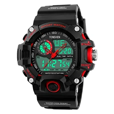 Image of TONSHEN Men&#039;s Military Sport Watches Multifunction Waterproof Analog Display Dual Dial Two Timezone Electronic 12H/24H Time Calendar Day Date 164FT 50M Water Resistant Digital Wristwatch (Red)