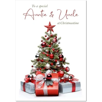 Image of doodlecards Auntie &amp; Uncle Christmas Card Parcels and Tree Medium Size with Plain Envelope