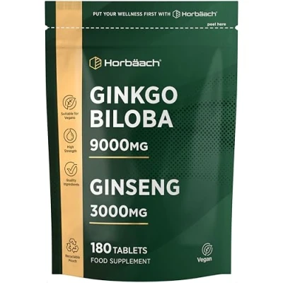 Image of Ginkgo Biloba and Ginseng Tablets High Strength 9000mg &amp; Korean Root 3000mg 180 Vegan by Horbaach