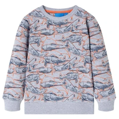 Image of vidaXL Grey Melange Kids&#039; Sweatshirt with Aircraft Print, Size 104 for 3 4 Years, Soft Cotton Viscose Blend Fleece lining Long sleeves and Round neckline