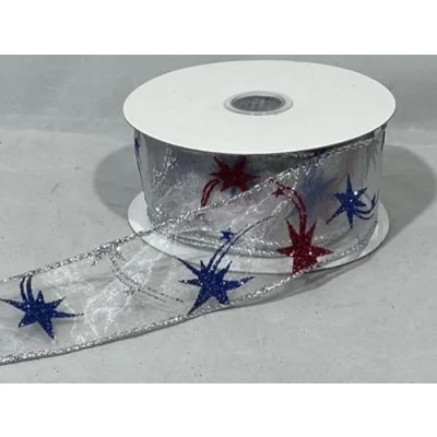 Image of 2 Meters x 38mm Wired Silver Organza Sheer Glitter Stars Christmas Ribbon Style 3.8cm