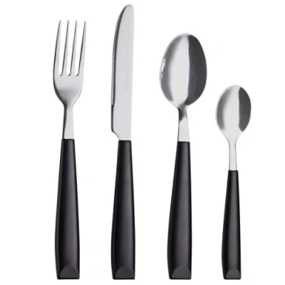 Image of EXZACT Cutlery Set 16pcs Black Stainless Steel with Plastic Wide Handles Comfortable to Hold 4 x Forks, Dinner Knives, Spoons, Teaspoons Servefor