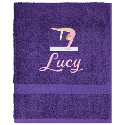 Image of TeddyTs Personalised Embroidered Name Gymnastics Purple Towel, 125cm x 75cm