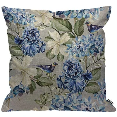Image of HGOD DESIGNS Spring Floral Cushion Cover,Plant Flowers Hydrangea Hibiscus Iris Bird Leaf Blue Green Throw Pillow Case Home Decorative for Living Room Bedroom Sofa Chair 18X18 Inch Pillowcase 45X45cm