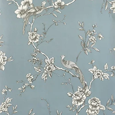 Image of World of Wallpaper Chinoise Oriental Asian Bird Theme Perfect for Feature Walls, Bedrooms, Hallways, Living Rooms in Slate Blue Colours 900102