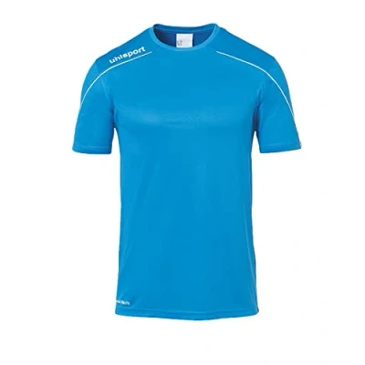 Image of Uhlsport Stream 22 Short Sleeve Jersey Junior, Azure Blue/White, Moisture Wicking Crew Neck Dry Tech Kids, Size 34/36