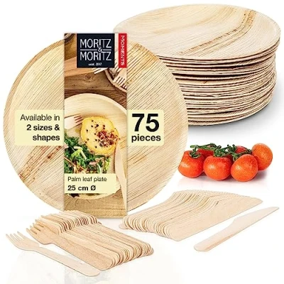 Image of Moritz &amp; 75 pcs. Disposable Palm Leaf Plates Set with 25x Round Ø 25cm 50x Cutlery Biodegradable Compostable Like Bamboo or Paper