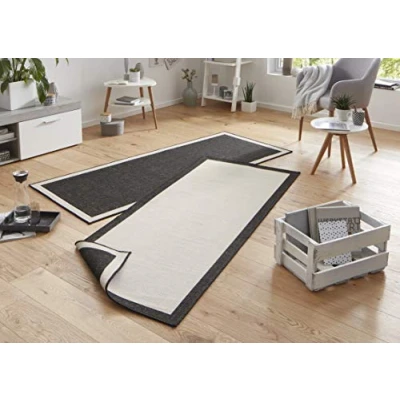 Image of NORTHRUGS Panama Indoor and Outdoor Rug 80 x 250 cm Reversible Weatherproof Modern Plain Design with Border Runner for Balcony Patio Garden Conservatory Living Room Waterproof in Black Cream