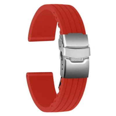 Image of ULLCHRO Silicone Watch Strap Replacement Rubber Band Waterproof Stripe Pattern 16mm, 18mm, 20mm, 22mm, 24mm Bracelet with Stainless Steel Deployment Buckle (20mm, Brown)