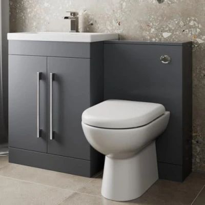 Image of AURORA® 1100mm Combination Vanity Unit Furniture Set, Wash Basin Bathroom Sink, BTW Toilet Pan &amp; Soft Close Seat, Storage Cabinet, Reversible, Grey Gloss