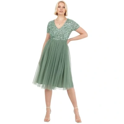 Image of Maya Deluxe Women&#039;s Embellished Midi Evening Dress Ladies V Neckline with Short Sleeve for Prom Wedding Bridesmaid, Deep Mint, 18