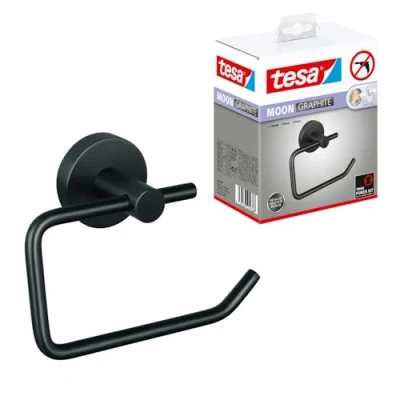 Image of tesa MOON toilet paper holder in brushed graphite self adhesive roll without lid, made of PVD coated metal drill free, incl. solution 99 mm x 140 53