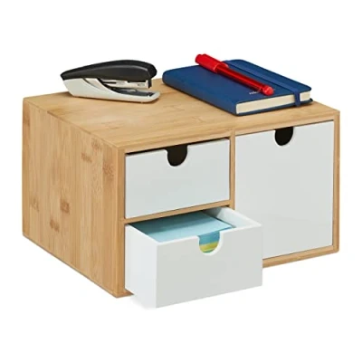 Image of Relaxdays Desk Organiser, 3 Drawers, for Office Supplies, H x W D: 14.5 25 20 cm, Bamboo &amp; MDF, White/Natural