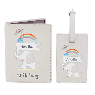 Image of CalEli Gifts Personalised First Passport Holder and Luggage Tag Set. Leather Baby Keepsake