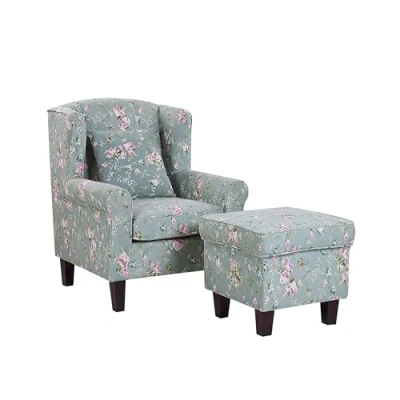 Image of Beliani Classic Armchair with Footstool Floral Pattern Wooden Legs Green Hamar