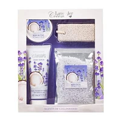 Image of Scents of Collinwood 4 Piece Women’s Wonderful Lavender Coconut Scent Bath Box Set Includes Body Scrub, Butter, Salts and a Pumice Stone, Purple