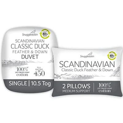 Image of Snuggledown Duck Feather &amp; Down Single Duvet 10.5 Tog All Year Round Quilt Ideal for Summer Winter, 2 Medium Pillows Soft Cotton Cover, Hypoallergenic, Machine Washable, Size (135cm x 200cm)