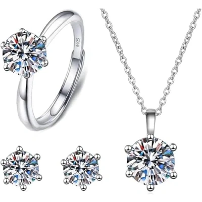 Image of FDEETY Jewellery Set for Women 925 Sterling Silver Pendant Necklace Ring and Earrings White Cubic Zirconia Crystal Jewelry Gifts Wedding Engagement Birthday Gift (Hexagon)