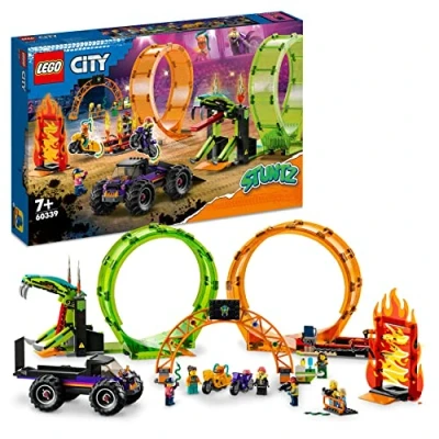Image of LEGO 60339 City Stuntz Double Loop Stunt Arena, Monster Truck Playset with 2 Toy Motorbikes, Ramp and Minifigures, for Kids Aged 7 Plus