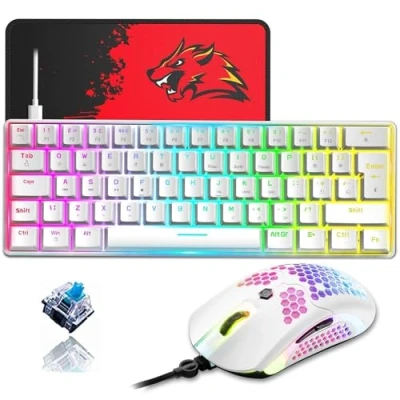 Image of ZIYOU LANG T60 60% Percent Mechanical Gaming Keyboard Mouse [UK Layout] RGB Light up Type C Ergonomic Mini 12000 DPI USB Honeycomb White+Blue Switch