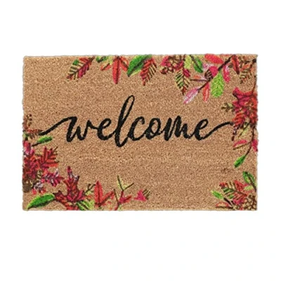 Image of Relaxdays Welcome Flowers Doormat Coir Rubber, 40 x 60 cm, Door Mat Inside &amp; Outside, Non Slip, Multicoloured