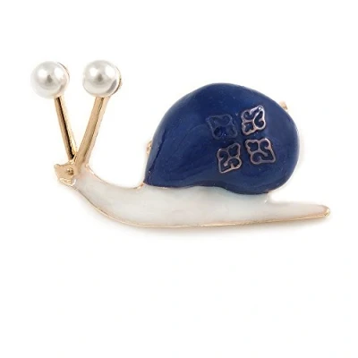 Image of Avalaya Funky White/Blue Enamel Snail Brooch in Gold Tone Metal 40mm Across