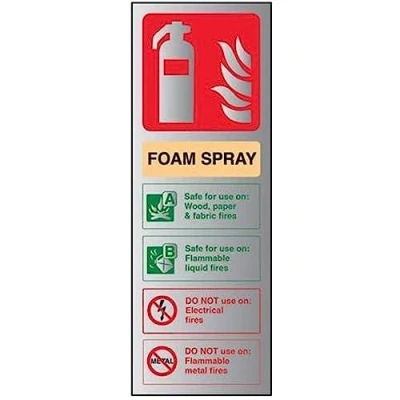Image of VSafety Fire Extinguisher Foam Spray ID Not Electrical Safe Sign 100mm x 280mm 3mm Brushed Alu Comp