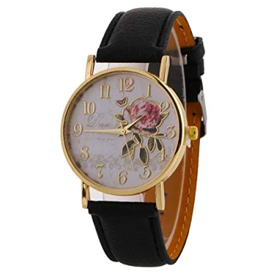 Image of HshDUti Women&#039;s Fashion Rose Flower Printed Round Dial Faux Leather Strap Quartz Analog Wrist Watch Ladies Watches Girls Christmas Birthday Gifts Black