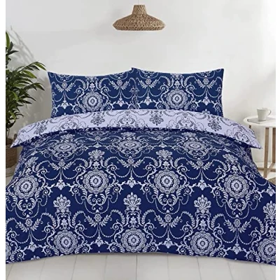Image of Night Comfort Percale Duvet Cover Set with Pillowcase Damask Baroque Luxury Cotton Blend Reversible Bed Quilt and Pillow (Blue, King)