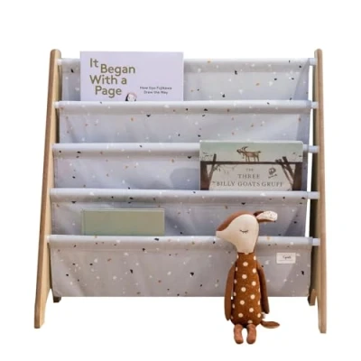 Image of 3 Sprouts Recycled Fabric Kids Bookshelf 4 Tier Sling Book Rack Storage Room Shelves, Nursery, Playroom, Classroom Bookcase Display Shelf for Toddler, Children Age 3+ Terrazzo Grey
