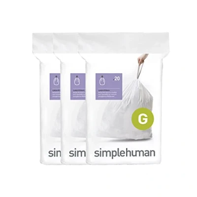 Image of simplehuman CW0257 code G Custom Fit Bin Liner Bulk Pack, White Plastic (3 Pack of 20, Total 60 Liners)