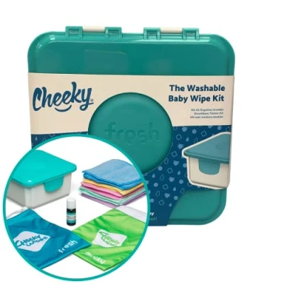 Image of Cheeky Wipes Reusable Hands &amp; Face Kit 25 Washable Rainbow Micro Fibre Baby Wipes, 15x15cm, Fresh Storage Container, Travel Bag Mucky Bag, Includes Essential Oil Soaking Solution (10ml)