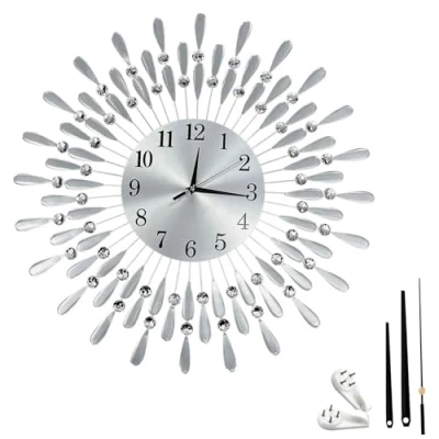 Image of Crystals Wall Clock 38cm Diamante Beaded, Elegant Quartz Jeweled for Home, Stylish Decorative Living Room, Bedroom &amp; Office, Modern Round with Sparkling Design (Silver)