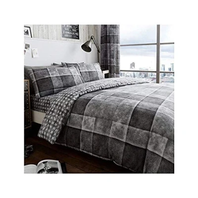 Image of FAIRWAYUK Double Duvet Covers Set, Printed Denim Check Grey Bedding Reversible Quilt Cover With Pillow Case, Poly Cotton, Easy Care