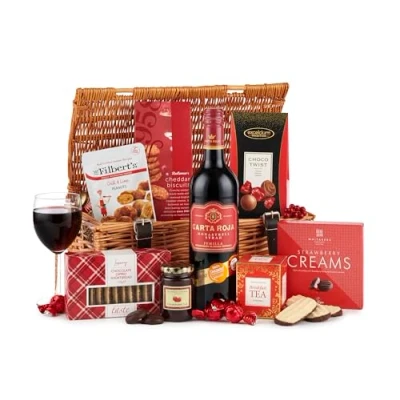 Image of Thornton and France Luxury Red Wine Hamper Basket Winter Wonders Christmas With Chocolates, Sweet Treats &amp; Tea 8 Festive Items For Him, Her or Couples