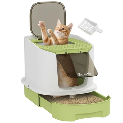 Image of PawHut Cat Litter Box, Hooded Tray with Lid, Scoop, Green
