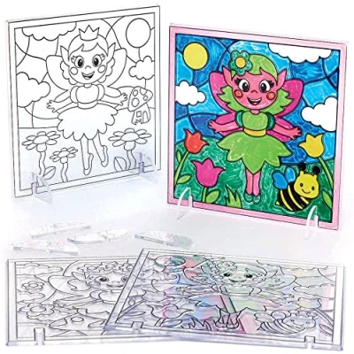 Image of Baker Ross FC699 Fairy Suncatcher Pictures Pack of 4, Painting Craft Kit for Kids, Stained Glass Window Crafts, Creative Summer