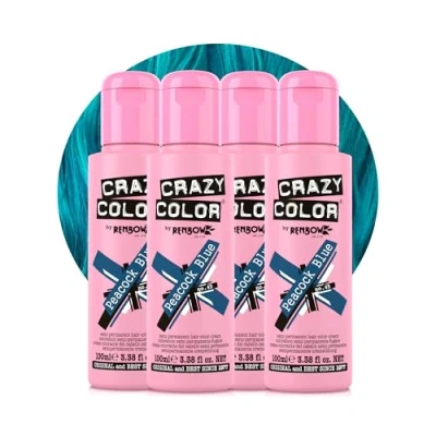 Image of Crazy Color Vibrant Peacock Blue Semi Permanent 4 Pack Quad Hair Dye. Highly Pigmented Teal Turquoise Conditioning &amp; Oil Nourishing Vegan Formula No Bleach or Ammonia 400ml