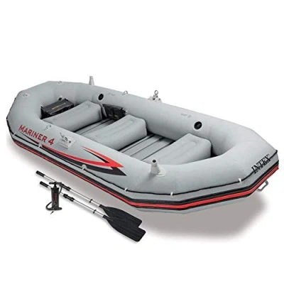 Image of 4 Person Inflatable Boat Set Aluminum With Oars High Output Air Pump Water Sports
