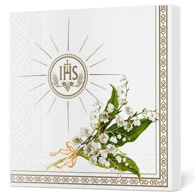 Image of Maki 3Ply First Communion Napkins Decoupage Tissue Paper Serviettes 33cm x Pack of 20 (Communion Lilies The Valley Gold)
