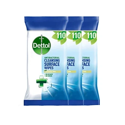 Image of Dettol Antibacterial Cleaning Wipes, Total 330 Wipes (3 Packs X 110), Kitchen Disinfectant Biodegradable Cleaner, Bathroom, Floor,