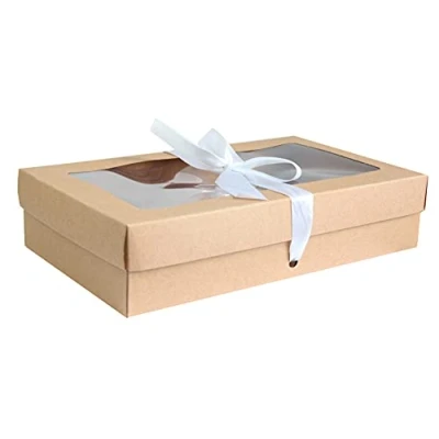 Image of Emartbuy Pack of 12 Rectangle Shaped Presentation Gift Box, 25 cm x 15 5 cm, Brown Kraft Box with Clear Lid and White Satin Ribbon