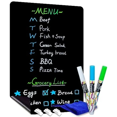 Image of CUHIOY Magnetic Blackboard for Fridge, Kitchen Chalkboard, 43x28cm Fridge Notepads, Dry Erase Planning Board Memo, Weekly Meal Planner, Shopping List, to do 3 Chalk Markers &amp; Cleaning Eraser
