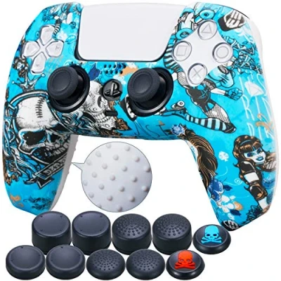 Image of 9CDeer 1 Piece of Silicone Transfer Print Protective Cover Skin + 10 Thumb Grips for Playstation 5 / PS5 Controller Sorceress