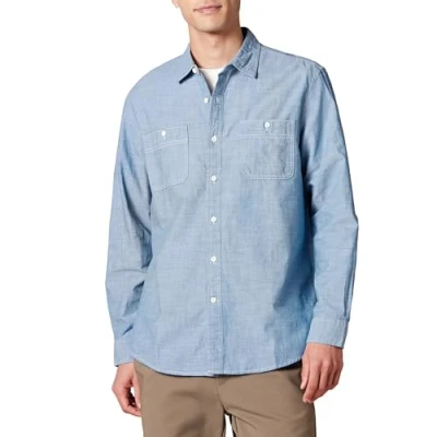 Image of Amazon Essentials Men&#039;s Regular Fit Long Sleeve Chambray Shirt, Blue, XS