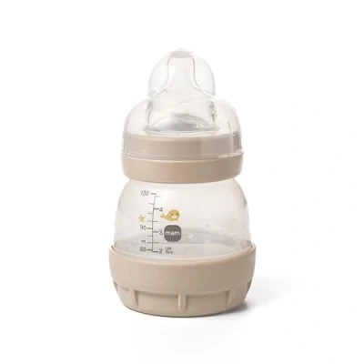 Image of MAM Easy Start Self Sterilising Anti Colic Bottle (1 x 130 ml), Baby with Slow Flow Teat Size 0, Newborn Essentials, Cream (Designs May Vary)