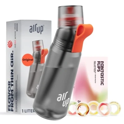 Image of AIR UP® water bottle Gen2 original starter set with pods in 5 flavours I 1l drinking sugar free flavouring dishwasher safe, BPA Grey