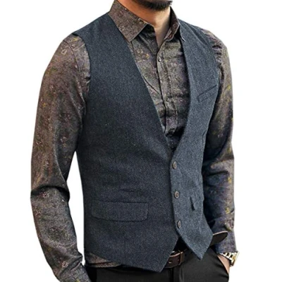 Image of AeoTeokey Men&#039;s Tweed Vintage Suit Vest Casual Herringbone Wool Wedding Groomsmen Waistcoat(S,Light Navy)