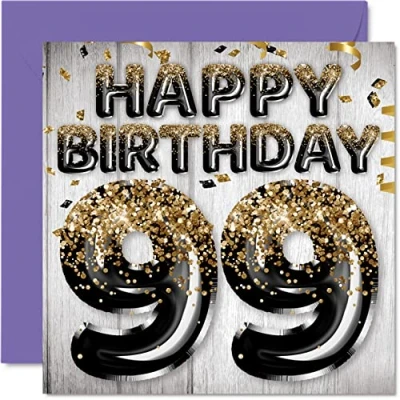 Image of 99th Birthday Card for Men Black &amp; Gold Glitter Balloons Happy Cards 99 Year Old Man Dad Great Grandad Grandpa Gran, 145mm x Ninety Nine Ninth Bday Greeting Gift
