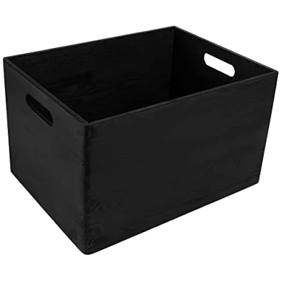 Image of Creative Deco XXL Black Wooden Crate with Handles 39 x 29 23 cm (+/ 1 cm) Natural Wood Storage Box Easter Gift Crates for Kitchen Home Documents